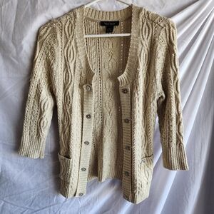 White House Black Market beige cardigan with gold metallic threading